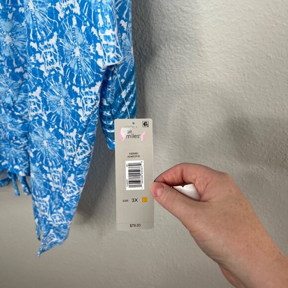 Ali Miles Womens Blue Geometric Linen Blend Eyelet Sleeve Tunic Top 3X - Picture 6 of 13